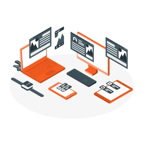 Ilustração de notebook, monitor, tablet e relógio inteligente protegidos e monitorados