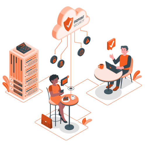 Ilustração de servidores e equipe conectados a uma nuvem com segurança de endpoint
