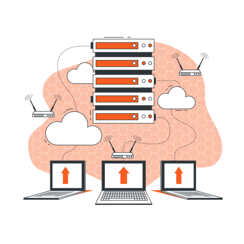 Ilustração de rack de servidores ligado à nuvem e a computadores
